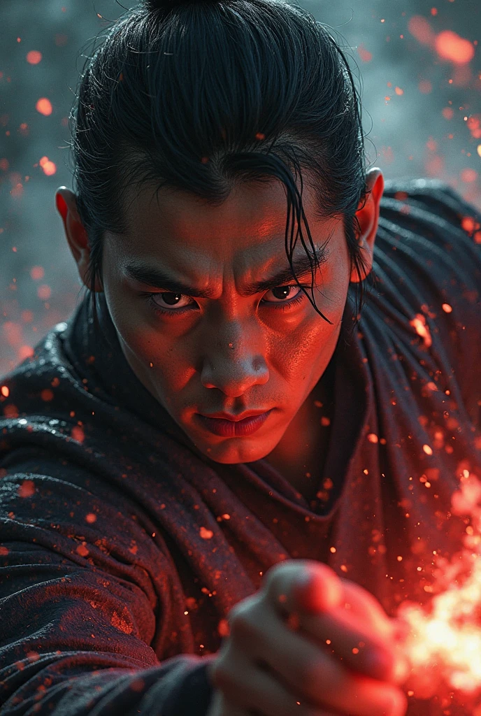 Jet li no papel de Yusuke urameshe, detailed portrait of an asian man, intense gaze, determined expression, martial arts pose, hyperrealistic, 8K, HDR, cinematic lighting, dramatic shadows, moody atmosphere, dark fantasy, digital art, concept art, hyper detailed, intricate background, vibrant colors, dramatic lighting