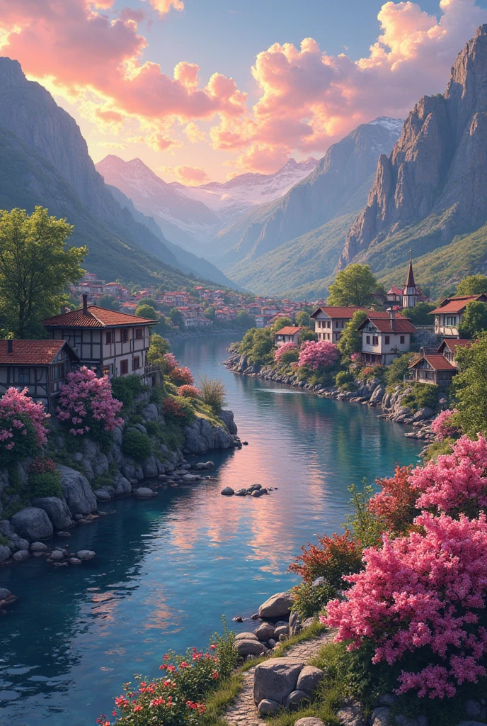 Small village by the river, mountains in the background, colorful pink flowers, detailed landscape, beautiful scenery, atmospheric lighting, scorching sunset, warm colors, practical, photography, detailed foliage, intricate buildings, cobblestone street, charming country house, swirling bright colors, dense vegetation, water reflections, picturesque, perfect, artwork, best quality, 8k, highly detailed, anime style