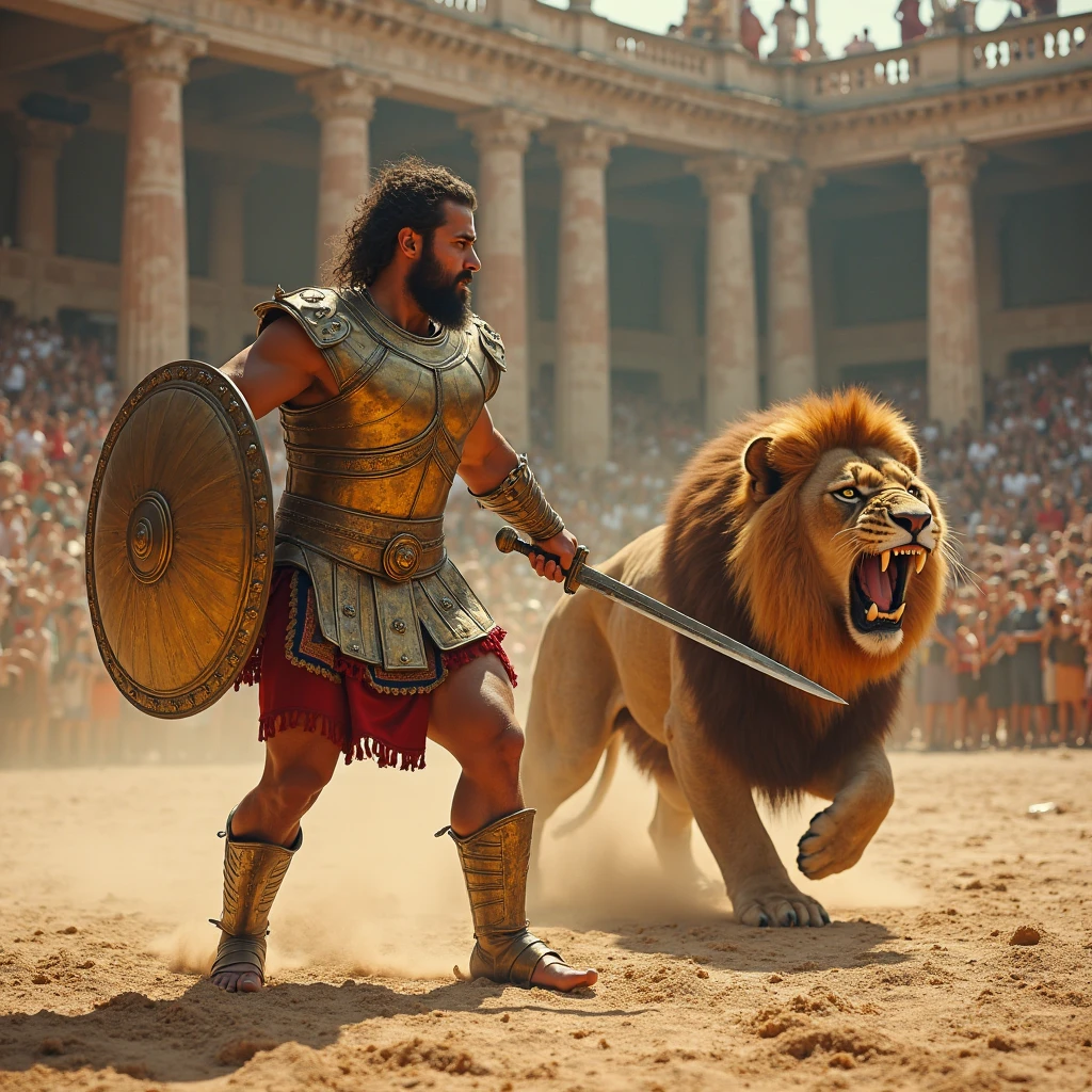 A stunningly realistic 4K photograph of Hercules, the Greek mythological hero, standing tall and powerful. He is adorned with a lion skin draped over his shoulders and another used as a loincloth. With one hand resting on the head of a majestic lion on his right side and the other on a lion on his left, Hercules exudes strength and dominance. Overhead, a vibrant green, white, and gold arch bears the inscription "DOMINATOR HERCULES FUNDATOR". Beneath the scene, a gold-bordered band displays the text "ANDALUCIA BY ITSELF, POR LOS PUEBLOS Y LA HUMANIDAD" on a backdrop of alternating green and white horizontal stripes. The intricate border of the band features ornate designs in the corners, adding to the overall grandeur of the image., photo