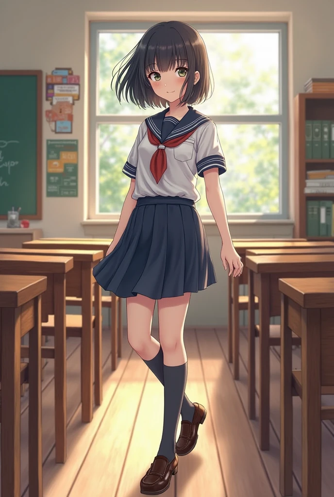 ((best quality)), ((masterpiece)), (detailed),  A Japanese girl's legs grow longer and longer due to a mysterious force, and she grows taller and hits her head on the ceiling.  school uniform