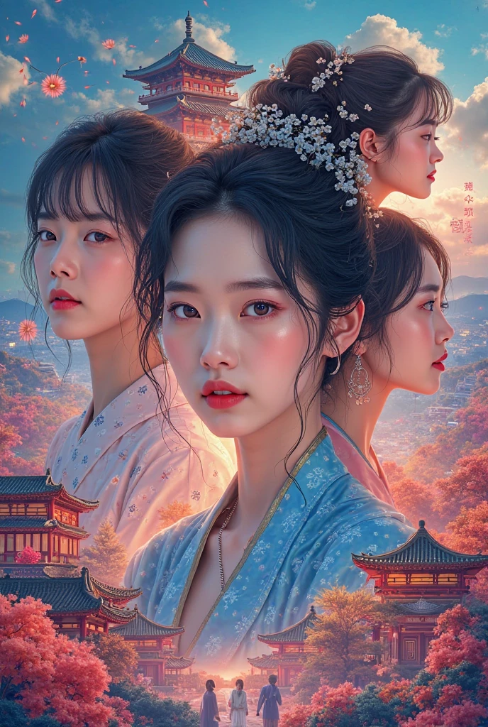 Create a computer wallpaper with many references to South Korea (kpop, dorama, maquiagem, cultura)