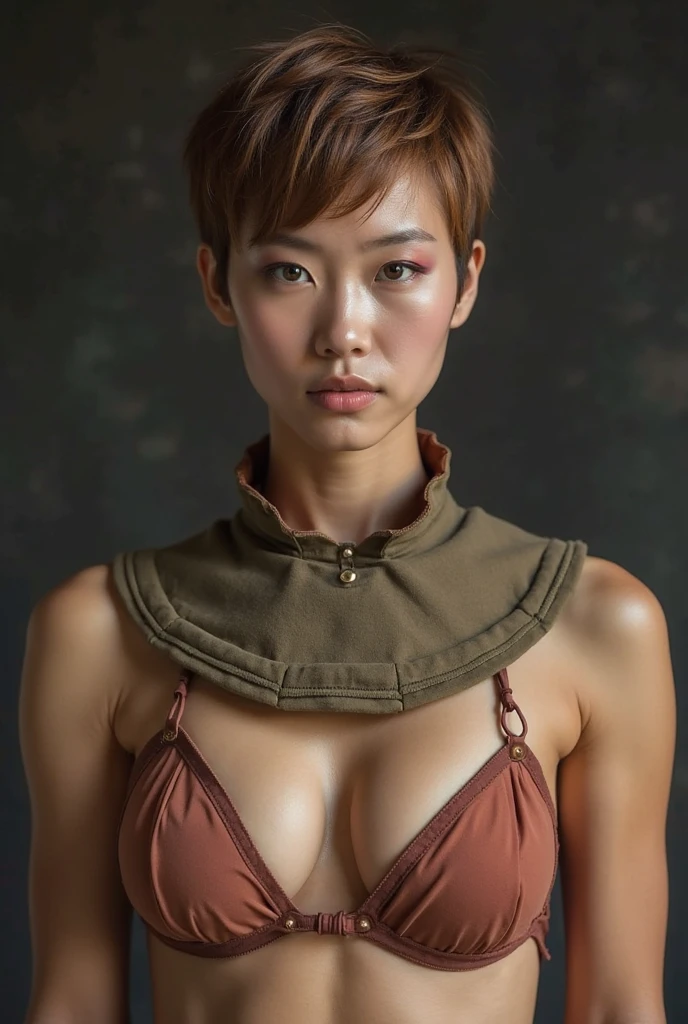 a muscular woman with short hair that is wearing a bondage collar