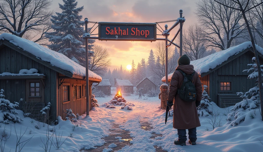 DayZ 4K Wallpaper. Schnee. dusk. Ein Dorf. A few Zombies (glowing eyes). On an old entrance it says “Sakhal Shop” not in English but as I wrote it! (Just as I wrote it in German!!) in front of the S is a well-equipped survivor with winter clothes.  the sun sets . Es schneit. A campfire in the village . 