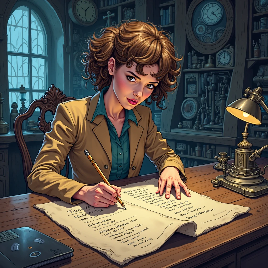 a highly detailed, ultra-high-resolution illustration of Doctor Who, specifically the Thirteenth Doctor, sitting at a wooden desk in a dimly lit, cluttered study, surrounded by clocks, gears, and futuristic gadgets, intensely focused on organizing a lengthy list of tasks and priorities on a parchment scroll, with a pencil tucked behind her ear, her bright brown eyes fixed on the paper, her curly brown hair slightly tousled, and her trusty sonic screwdriver lying nearby, the entire scene bathed in a warm, golden light with subtle blue undertones, evoking a sense of nostalgia and adventure, with bold lines, vibrant colors, and intricate textures.
