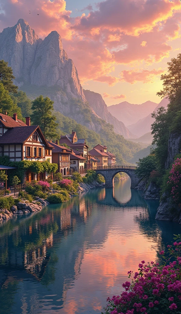 a small village by the river, mountains in the background, floral flowers colorful, detailed landscape, Beautiful natural landscapes, atmospheric lighting, scorching sunset, warm colours, practical, photopractical, Detailed Foliage, complex buildings, cobblestone street, Charming country house, swirly vibrant colors, lush vegetation, Still water reflections, Picturesque, idyllic, work of art, best qualityer, 8k, extremely detaild,anime styling