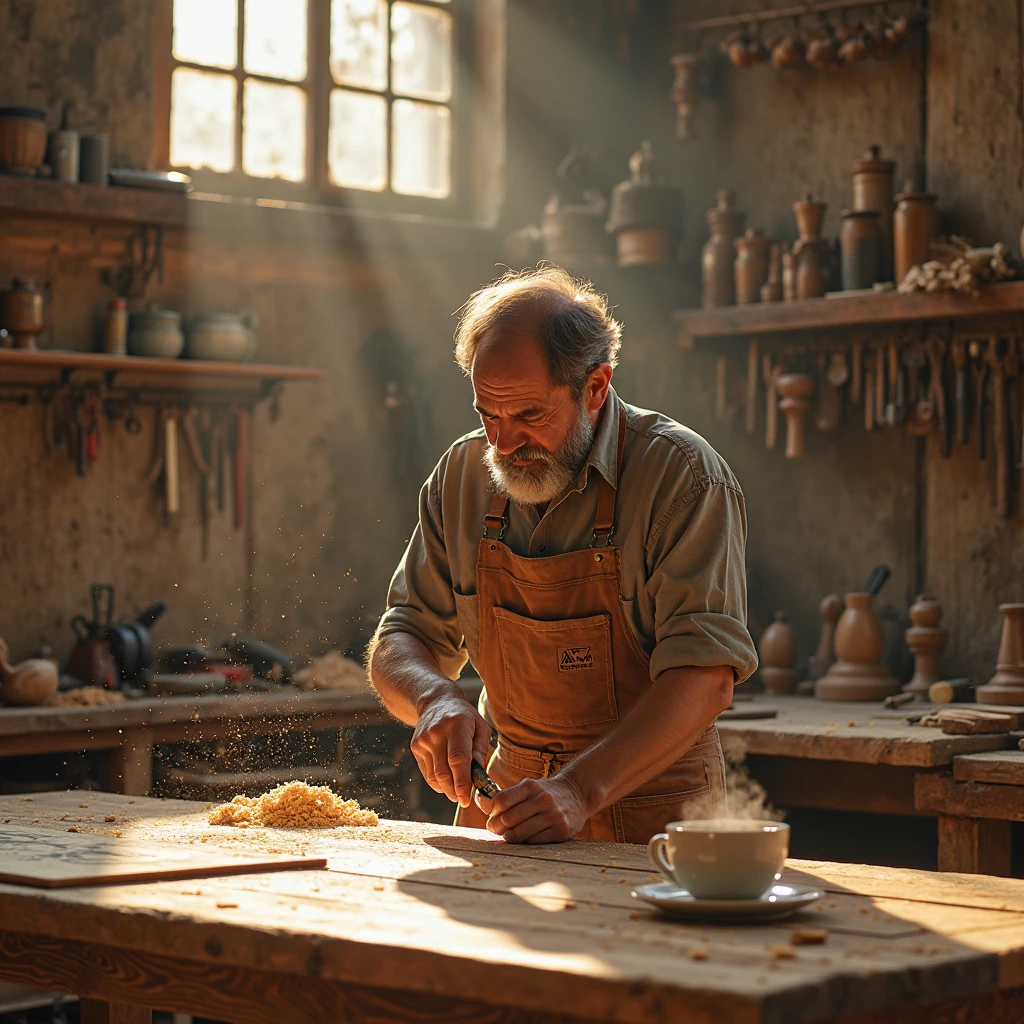 "Ultra-realistic photograph of a master woodworker in his artisan workshop, mid-action, carefully chiseling the leg of an elegant wooden dining table made from aged oak. The workshop is bathed in warm, golden afternoon light pouring in through tall industrial windows, highlighting floating sawdust particles in the air. In the background, rows of traditional hand tools hang on a raw wood wall, neatly organized. On a nearby workbench, wood shavings curl beside a steaming cup of coffee and a detailed design sketch. The woodworker wears a leather apron, his hands visibly worn but steady. The unfinished table showcases intricate joinery and stunning natural wood grain patterns. A subtle engraved wooden sign featuring the logo and name of the workshop rests on a shelf. The scene evokes warmth, precision, tradition, and craftsmanship. Captured in 85mm lens depth-of-field style, natural color tones, shallow focus, 4K resolution, cinematic lighting."