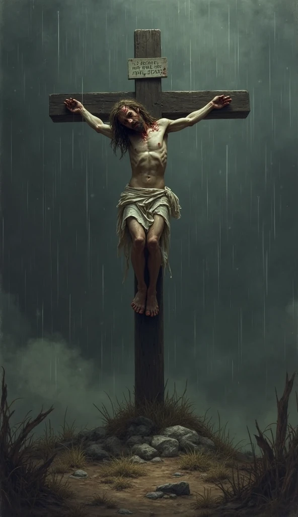 Bloody Christ on the cross in anime style with lots of blood details