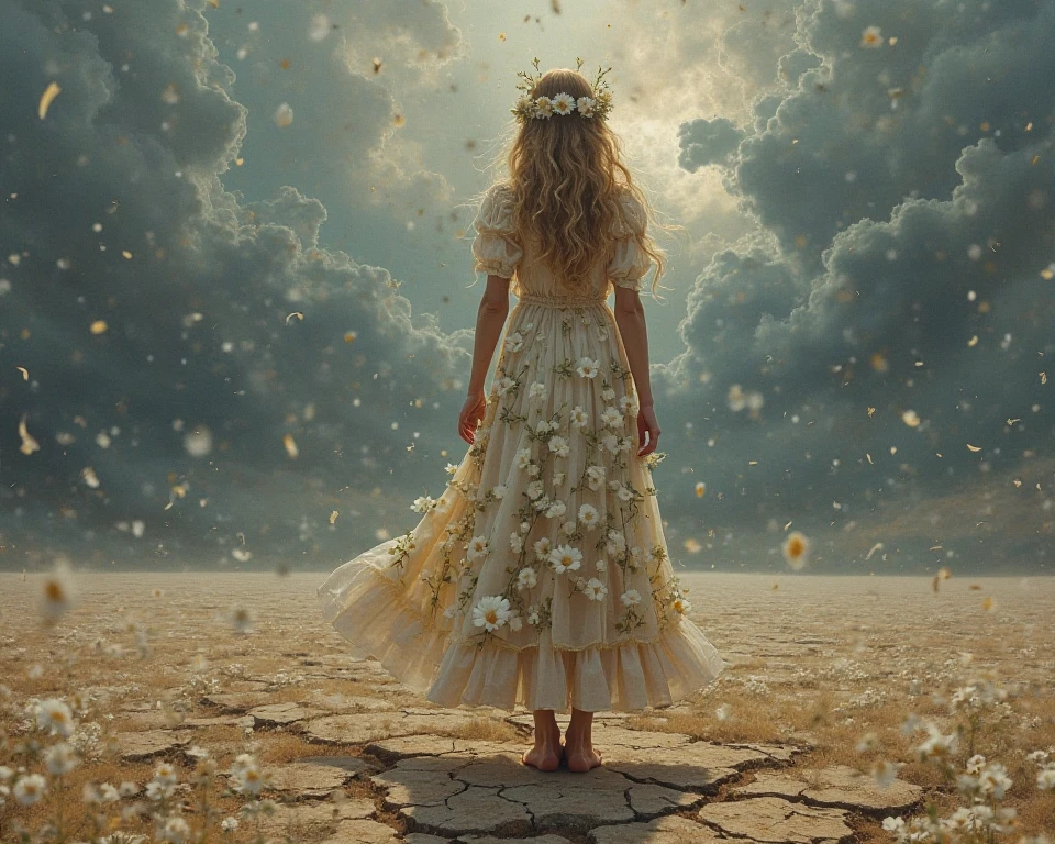 I need something like a picture or a painting with that medieval painting effect of a girl with cracks in her body full of flowers, This girl is standing on a practically dry ground also cracked with a storm happening