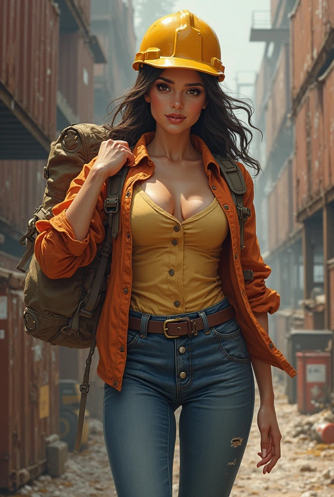 Loader girl carries a load of beautiful big breasts cleavage, smiles