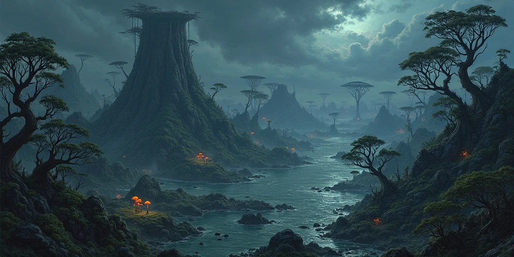 night, a gigantic black swamp, zoomed out, a few interesting fantastical locations here and there, a giant upside-down volcano at the center, d&d, fantasy, top down view, map