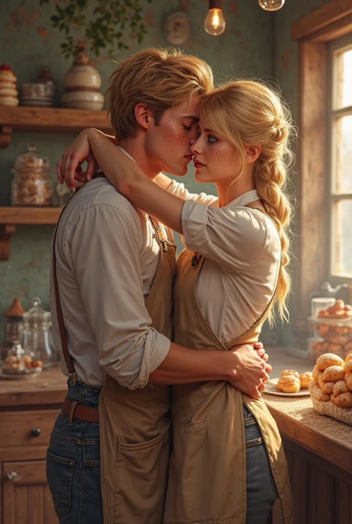 Create the image of a very pretty blonde baker with light eyes with freckles inside a bakery with a face full of sand hugging a very handsome blond and very sexy man