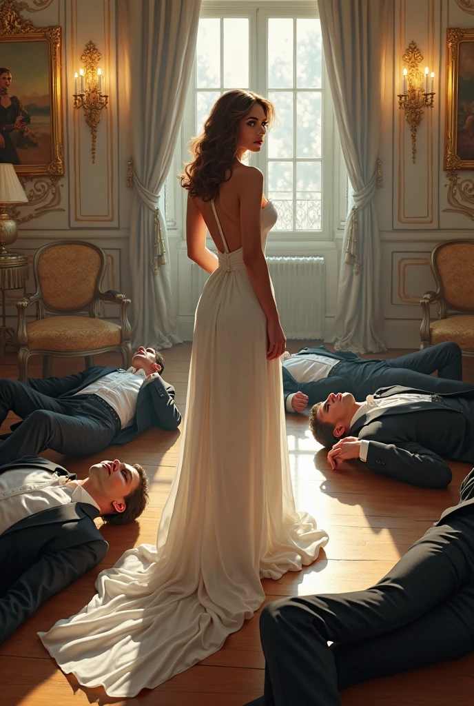 A woman stands in the middle of an elegant apartment. The woman is wearing a white dress, and next to her are men wearing elegant suits lying on the floor. 