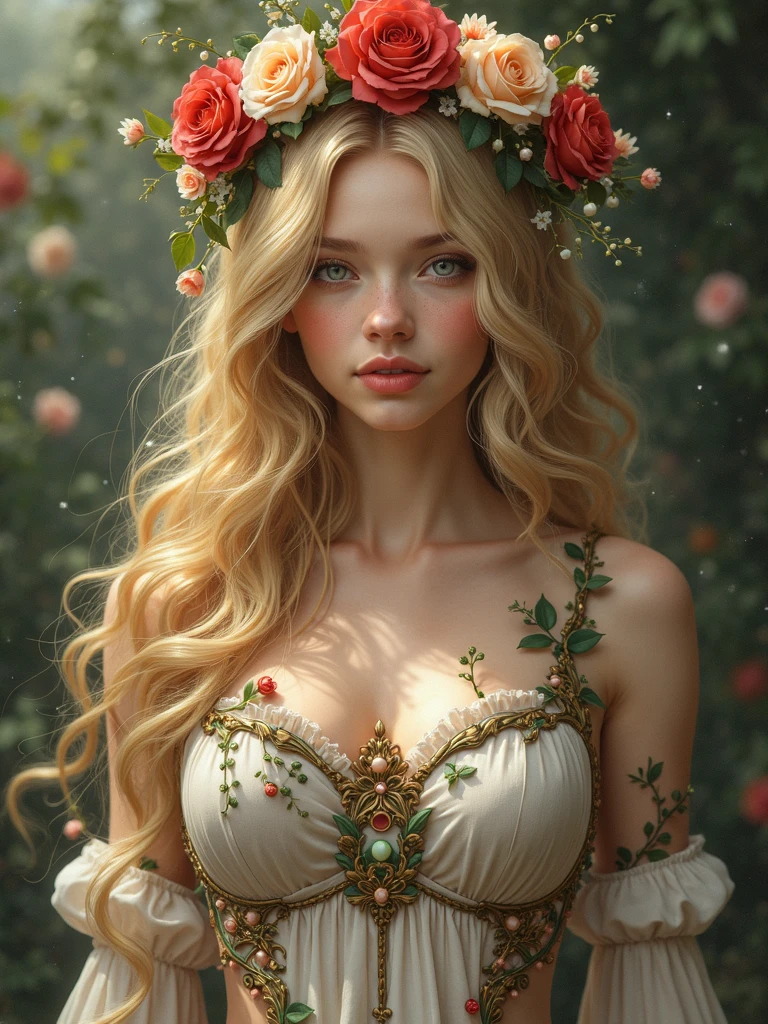 A beautiful young woman with long golden blonde hair. Vines and flowers are running through her hair. She has a crown of so many roses and other flowers resting on her head. Her eyes are completely white but not glowing. She has vines and flowers and roses curling all around her body. High Resolution, Super Detailed, Large Breasts.