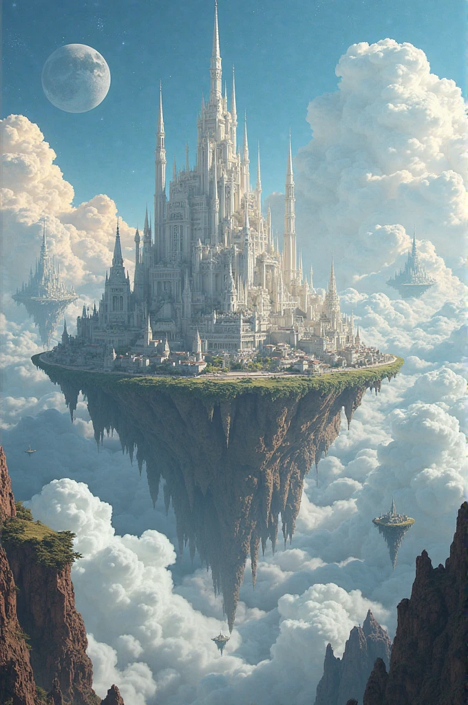 Immense kingdom in the clouds in the center, an imposing white castle surrounded by a beautiful old city, far away from them, several raised earthen mounds with cities above them in the background clouds, some planets and the sun.