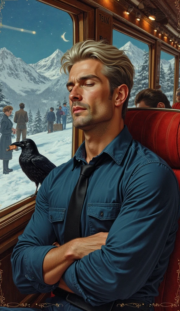 Create a masterpiece of the highest quality: Highly detailed 1950s Norman Rockwell-style magazine cover depicting a close-up of a handsome Ukrainian man (Ivan Temnyenko, also known as Captain Darkness), three-quarter view, sitting on a seat in an Alpine passenger train car, attractive, very handsome (27 years old), eyes closed, sleeping, head leaning against the car window, muscular body, tanned skin, (short, straight, well-groomed and oiled silver-blond hair with a long forelock combed to the right, short silver-blond mustache, stubble), facing the camera, shaved, smiling, broad shoulders, muscular body, broad ?????, black tie, dark blue long-sleeved shirt closed in front, arms crossed, crow holding a chocolate bar in its beak next to the man. Background: Interior of an Alpine passenger train car lit by electric light, people standing with suitcases and sitting on the car seats, passenger train car windows.
Background: Alpine landscape at night outside the windows.
Black borders around the painting with red and gold Art Deco lines.