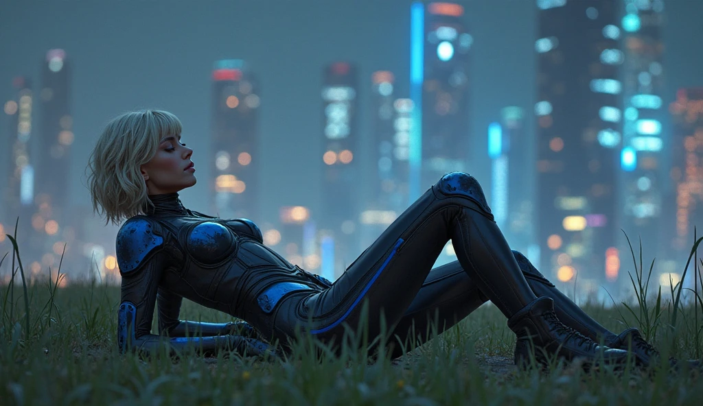anime woman laying on a blanket in a city park, resting after a hard mission, by Yang J, relaxing concept art, in front of a sci fi cityscape, resting after a hard fight, riot games concept art, cyberpunk jackie welles, in the cyberpunk countryside, dreamy cyberpunk woman, black canary, in cyberpunk city, city in the background, The woman is reclined on a grassy field, dressed in a sleek black and blue bodysuit with armored detailing. She has short, slightly wavy blonde hair cascading past her shoulders. Her pose is relaxed, lying on one side supported by her elbow, with legs outstretched comfortably. The background features an urban cityscape with illuminated skyscrapers against a night sky, creating a futuristic atmosphere. The scene is lit with soft ambient lighting, enhancing the modern, serene atmosphere with a cool color palette.