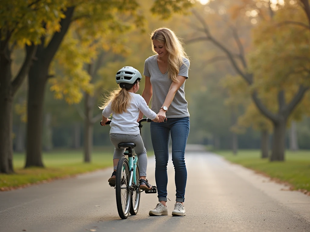 A father teaching his child to ride a bicycle in a sunny park