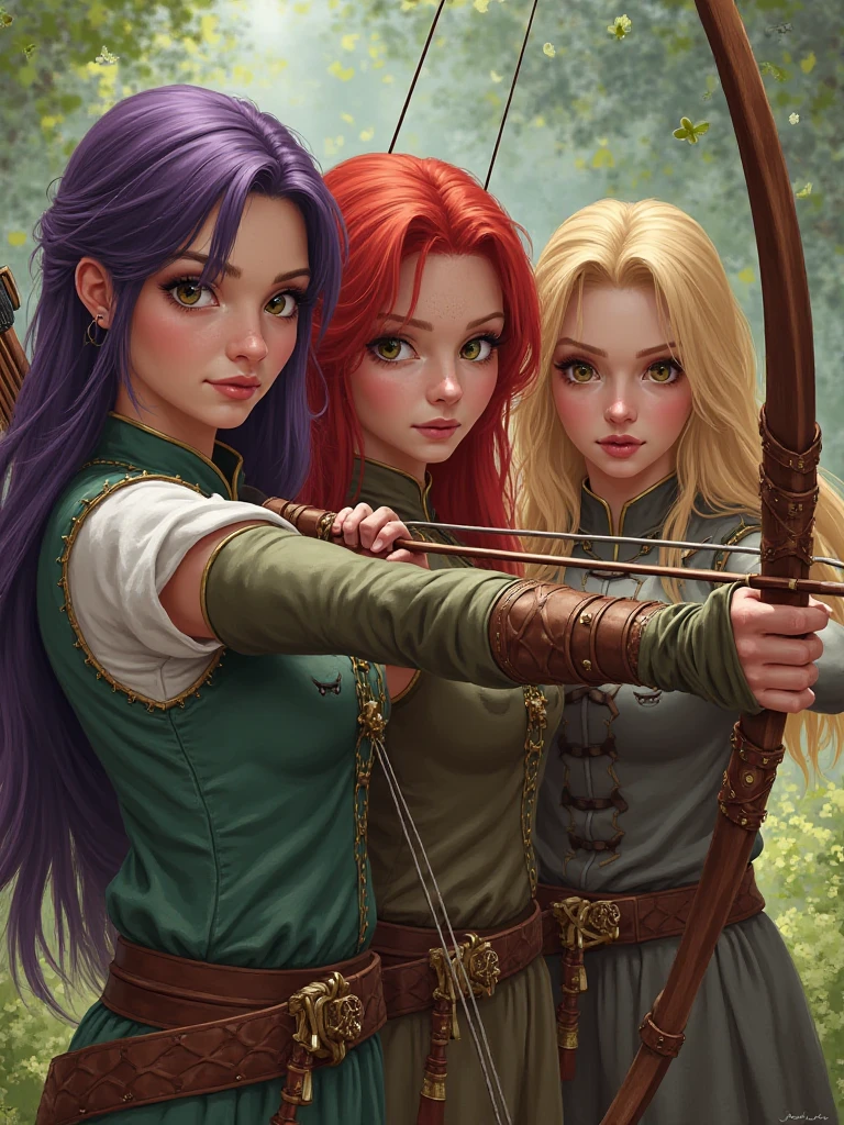 3 femmes copines archer,  Long, purple hair with brown eyes , The second a redhead with green eyes and the 3rd a blonde with brown eyes realistic style 
