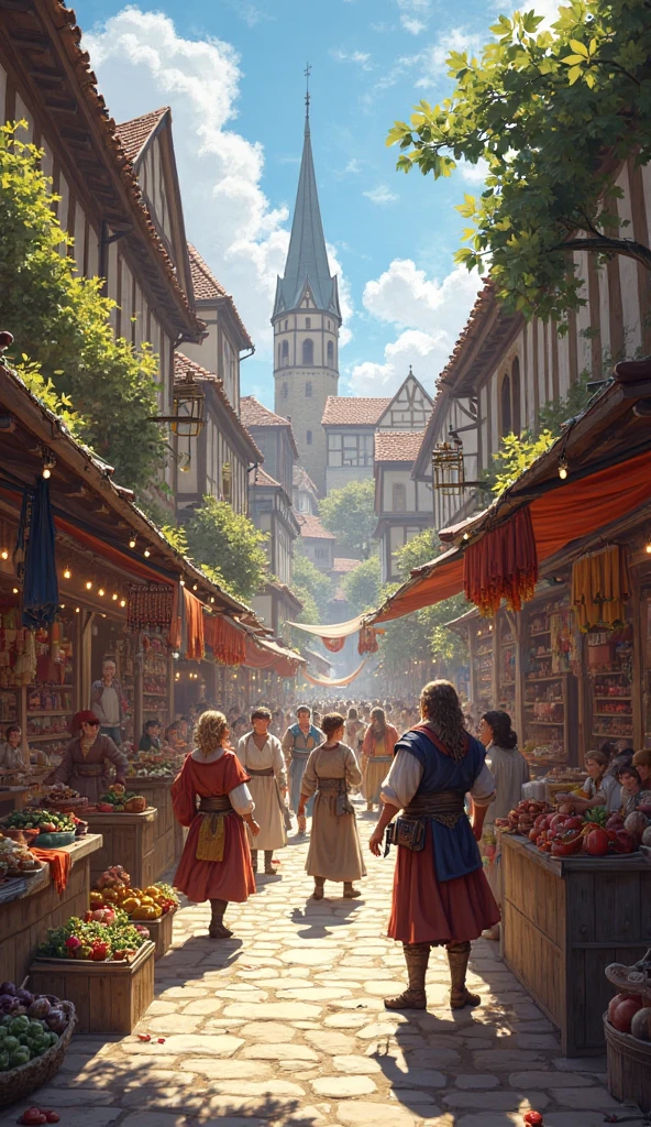 Medieval marketplace on a sunny day, vendors at stalls selling goods, people walking, lively and colorful atmosphere, historic European town setting