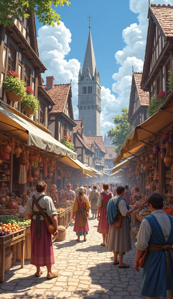 Medieval marketplace on a sunny day, vendors at stalls selling goods, people walking, lively and colorful atmosphere, historic European town setting