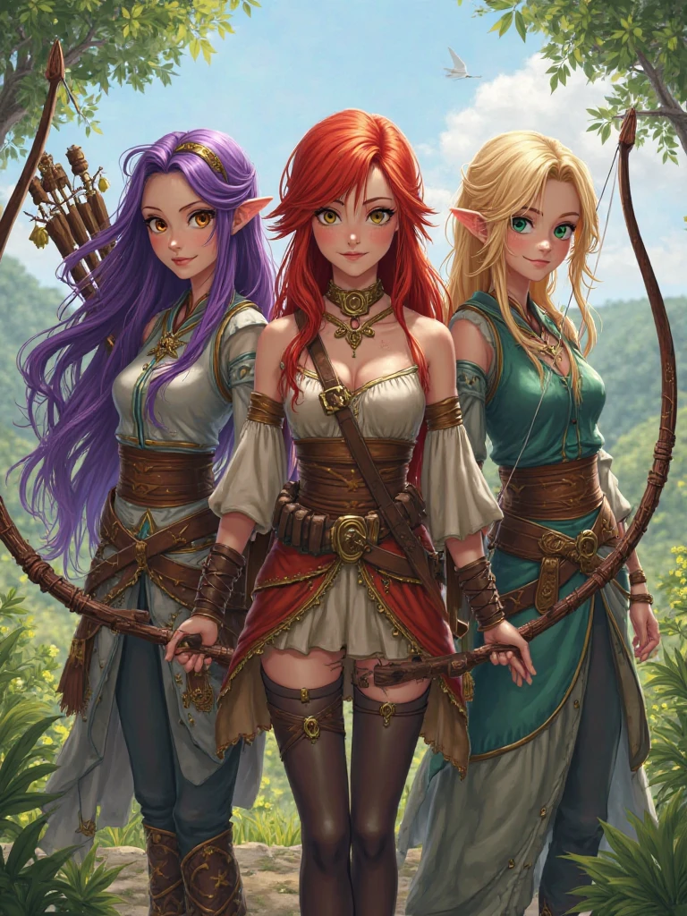 3 femmes copines archer,  Long, purple hair with brown eyes , The second a redhead with green eyes and the 3rd a blonde with brown eyes realistic style 
