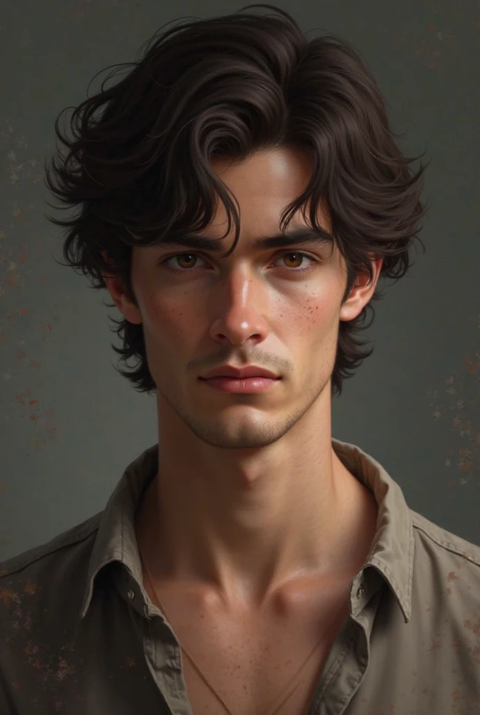 a man, thin body. very white skin. without a beard, 28 years approximately, His features marked but with a friendly expression. dark eyes, dark brown hair, somewhat wavy , neither long nor so short