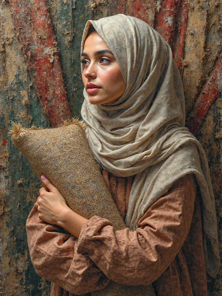 
Create a realistic painting (portrait style) featuring a female model in the center. She is wearing a soft, flowy headscarf (hijab) that loosely covers her head and shoulders, allowing a bit of her neck and hair to show. The model is looking to her left, with a calm and graceful expression. She is hugging a handmade Kilim rug in her arms—it’s slightly oversized, wrapped imperfectly with natural folds and creases, and her fingers are fully visible holding it.

The background should be rich and full of interwoven elements—a dense, layered mix of burlap fabric, mesh, and handmade Kilim rugs, blending together in a raw, organic, and artistic way. Include lots of burlap and mesh, with loose threads, torn areas, and textures that feel tactile and authentic. Some parts of the Kilim in the background should look unfinished, with uncolored sections and threads sticking out, as if they’re still being woven.

Use harmonious and warm earthy colors—shades of beige, red, green, and muted metallics. The overall composition should feel like a fusion of traditional Arab craftsmanship and artistic expression, with every element thoughtfully connected and visually blended to create a unified, powerful image.
