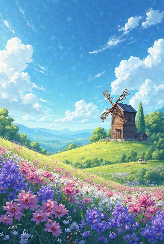 A peaceful, vibrant countryside scene with a traditional wooden windmill on a hill, surrounded by endless fields of blooming purple, pink, and white wildflowers under a bright blue sky with scattered fluffy clouds. The lighting is soft and warm, capturing a serene spring or summer afternoon. Anime-style illustration with high detail and vivid colors