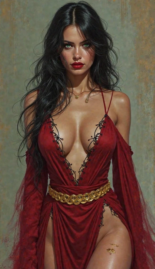 Middle Eastern, Persian. concept art , digital painting
- Her face is striking and symmetrical, with high cheekbones and flawless skin. She has an **aura of seduction and danger**.
- Her **eyes glow a vivid emerald green**, luminous and intense—otherworldly and enchanting.
- The **eyeliner and dark lashes** frame her eyes with dramatic intensity, enhancing her mystique.
- She has deep crimson lipstick that mirrors the color of her outfit, reinforcing her aura of seduction and power.
- There is a small red bindi or mark on the forehead.
- Her **hair is raven-black**, long and flowing, styled to cascade naturally over one shoulder, giving her a wild, untamed elegance.
- She wears a revealing **deep red gown** with slits on both sides running all the way up her thighs, allowing for both **freedom of movement and allure**.
- The dress plunges in the front, exposing much of her chest, but the look is **stylized rather than gratuitous**—designed to stun and distract.
- The sleeves are detached, extending from her arms in long, flowing fabric, adding to her **regal and mystical** appearance.  
- The neckline is held together with thin black lacing, almost spiderweb-like, adding a gothic touch.
- A **decorative golden belt** of circular medallions wraps around her waist, emphasizing her hourglass shape and adding a regal flair.
- Her body is athletic yet curvy—sculpted like a dancer or assassin.
  - Strong arms, firm stance, toned legs—she’s both graceful and capable.
- She wears a single **golden thigh strap** on her right leg—possibly decorative, or symbolic (or maybe even enchanted).