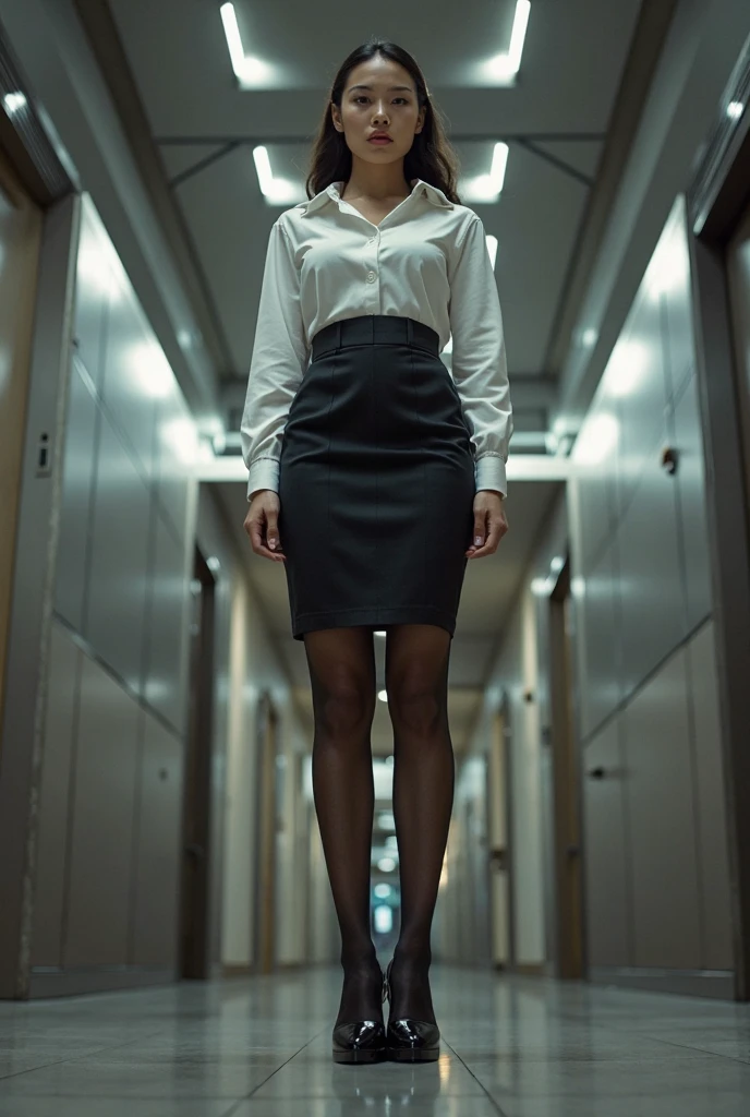 Beautiful mature Caucasian woman standing haughty and dominant in short miniskirt, with thick and big thighs, He has a small, thin boy in trousers and a school uniform on his knees., who is afraid in the office