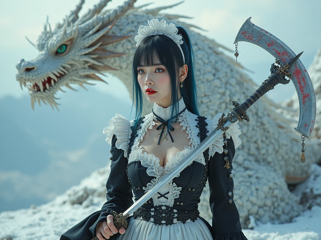 Wide photograph, full body photo, ultra detailed beautiful korea woman, maid uniform cosplay, BREAK she wearing a maid uniform with stockings BREAK ,stunningly beautiful, stylish dark hair with blue streaks, ponytail hair,((dragon:2.0)), green eyes, (red lips and make-up giving her a gothic look ), dark eyeshadow visible on her eyelids and eyeliner on her eyes, very long eyelashes, perfect body covered with tattoos , (dark make-up:1.3), big breast,(large cleavage,Big cleavage),(her left hand holding a blood-stained scythe:1.3) , its blade gleaming with malevolent intent, ((her right hand holding a Katana samurai sword:1.3)), (( Katana samurai sword :1.0)),Twilight ,A woman in a nude with a giant dragon wrapped around her body\, Elf long ears, Gloss Lip,  white dragon, (Masterpiece. Uhd.phototrealistic. Analog photography. 1950 style) (Standing on a snowy mountain peak with a large jet ski behind.), detailed face, beautiful detailed eyes, beautiful detailed lips, extremely detailed skin, extremely detailed dress, dramatic lighting, cinematic composition, vibrant colors, glowing earth, hyperrealistic, 8k, award winning, highly detailed, photorealistic, dramatic lighting, cinematic composition masterpiece, best quality:1.2),,(8k,highres,RAW photo,realistic,photo-realistic:1.3),(detailed skin texture,detailed cloth texture,beautiful detailed face:1.3),