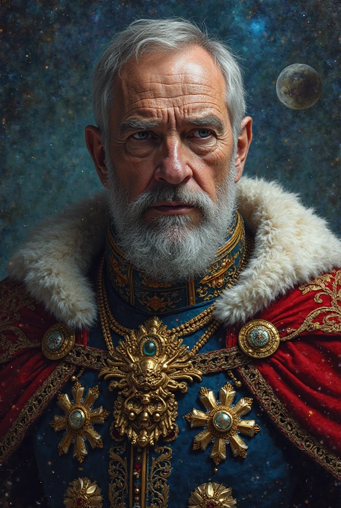 The emperor of humanity , What does the entire galaxy own,Science fiction,Warhammer 40,000,beautiful portrait of a powerful emperor,detailed portrait, stunning look ,serious expression,noble face,sumptuous clothes,badges and decorations,galactic background,Planets and stars,dramatic lighting effects,oil painting art style,photorealistic technique,resolution 8k,hdr,vibrant colors,dark color palette,deep shadows,burn lights,cold tones palette