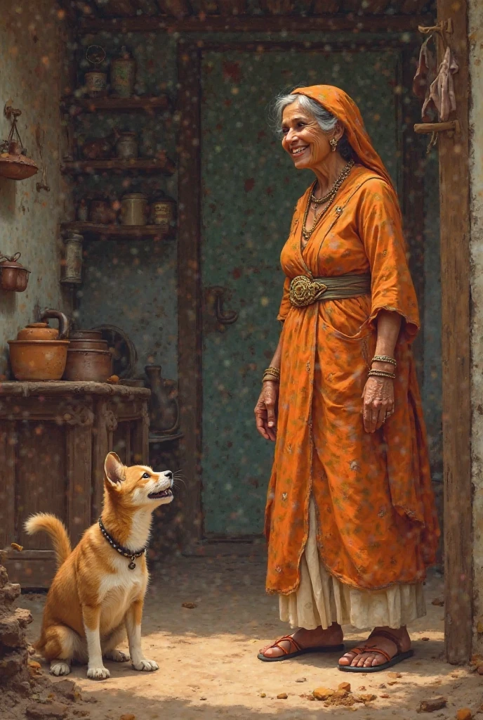 For the final scene, in the identical rural kitchen setting, show Radhuni Mashai smiling broadly in vindication as she declares, ‘So it was the cat, the real thief!’ Depict Tomi (the friendly dog) happily and contently, while Pusi (the sly cat) is seen retreating with a bashful expression. The background, including the rustic kitchen and Radhuni Mashai’s traditional look, remains constant.
Reference ID: 935745117”