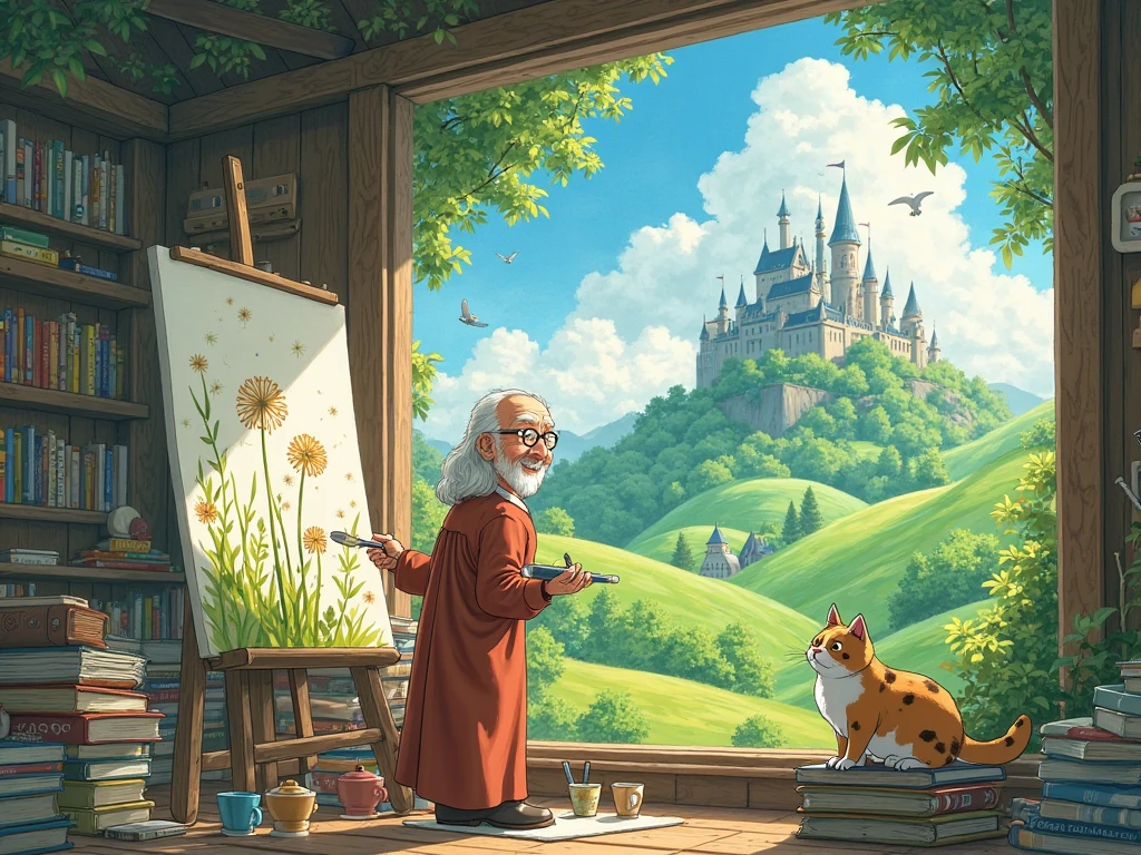 "Studio Ghibli-style illustration of Hayao Miyazaki as a kind old wizard-artist, painting a vibrant natural landscape onto a giant canvas. His brush strokes come to life, sprouting tiny animated trees, floating dandelion seeds, and playful kodama (forest spirits) that peek out from the paper. The scene is set in a cozy wooden studio filled with stacks of sketchbooks, cups of tea, and a calico cat napping by the window. Outside, the real world mirrors his painting—rolling green hills, a whimsical castle in the clouds, and a Totoro-like creature observing curiously. Soft watercolor textures, warm sunlight filtering through leaves, and a dreamy, nostalgic atmosphere. 8K, detailed, Studio Ghibli film still aesthetic."