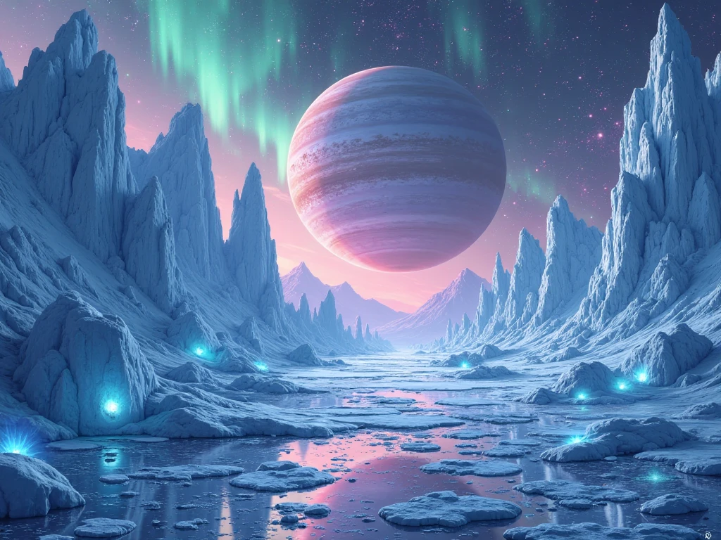 A fantastical icy landscape with towering frozen peaks glowing in shades of turquoise and violet, illuminated by a shimmering cosmic sky. A massive ringed planet looms on the horizon, while streaks of green and pink auroras dance above. The ground is covered in reflective ice, dotted with glowing crystal formations, and a faint mist adds a mystical vibe. High-resolution digital illustration, perfect for wallpaper, canvas prints, or postcards, capturing an otherworldly frozen beauty.