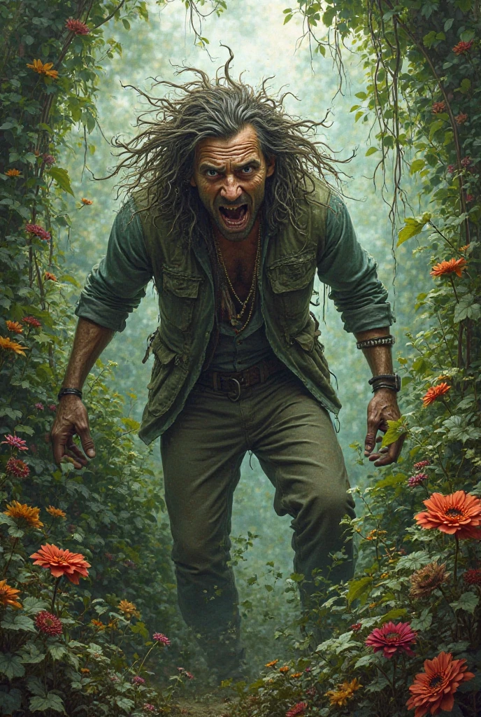 Master gardener with a crazy face, disoriented, exhausted