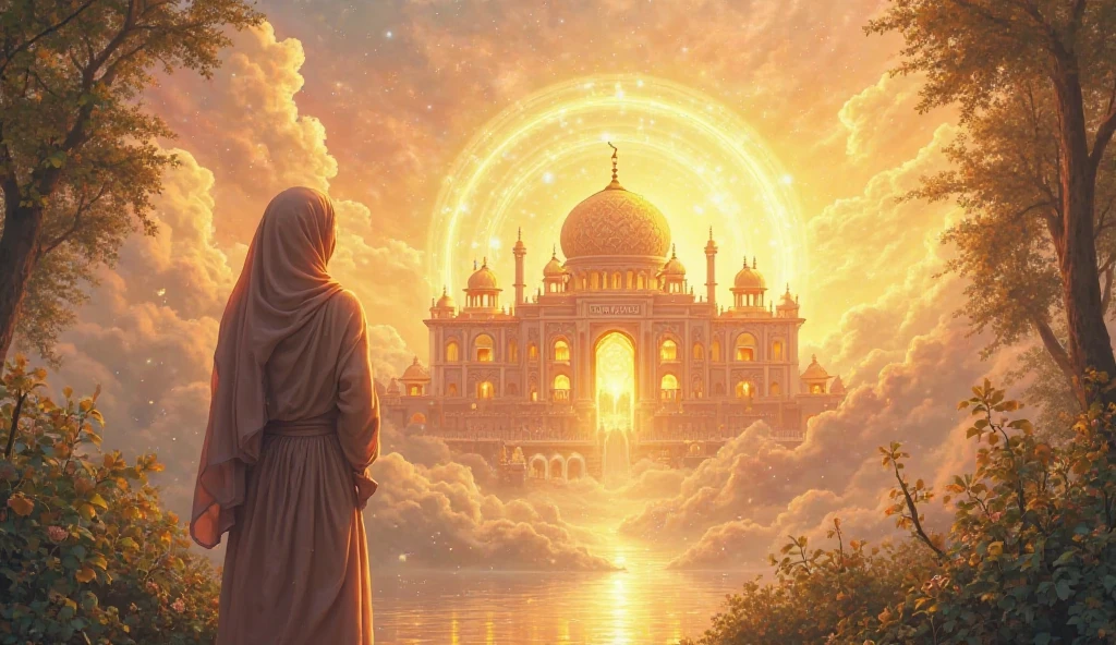 Create an illustration of a dream scene where a poor but kind woman stands in awe in front of a beautiful, radiant palace in Jannah (Paradise). The sky is glowing with soft golden light, lush gardens surround the palace, and a peaceful angel stands beside her, smiling gently. The palace sparkles with divine beauty, and everything looks serene and heavenly. The woman is emotional and humbled, wearing simple clothes but with a glow of faith on her face.