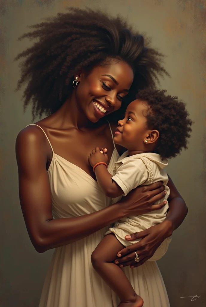 a black woman carrying her  son, looking proudly at him, while telling him that he is her priority, your need, a work of art worth more than diamonds, she says she would do anything for her beautiful and dear son, because she loves him very much.
