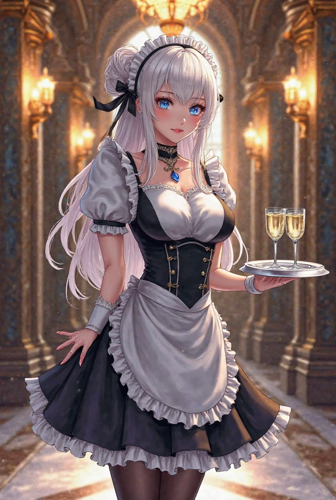 (masterpiece,best quality,ultra-detailed), an anime elf lady who is an elegant and beautiful high-elf maid. She has champagne colored long hair with side-swept bangs, star sapphire slit eyes, high-elf ears, slender body shape, elf curves, wearing beautiful adorned off shoulder maid top, ruffled skirt, maid headband and pantyhose, standing with elegance in courtesy, smiling elegantly, looking at viewer, in a modern house
