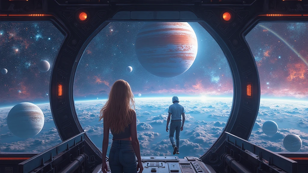 Create a cosmic scenario in space with several planets of different colors in the background of the image, And at the front add the view from inside a ship with a blonde woman and a white man wandering in space, Add the Ghibi template.