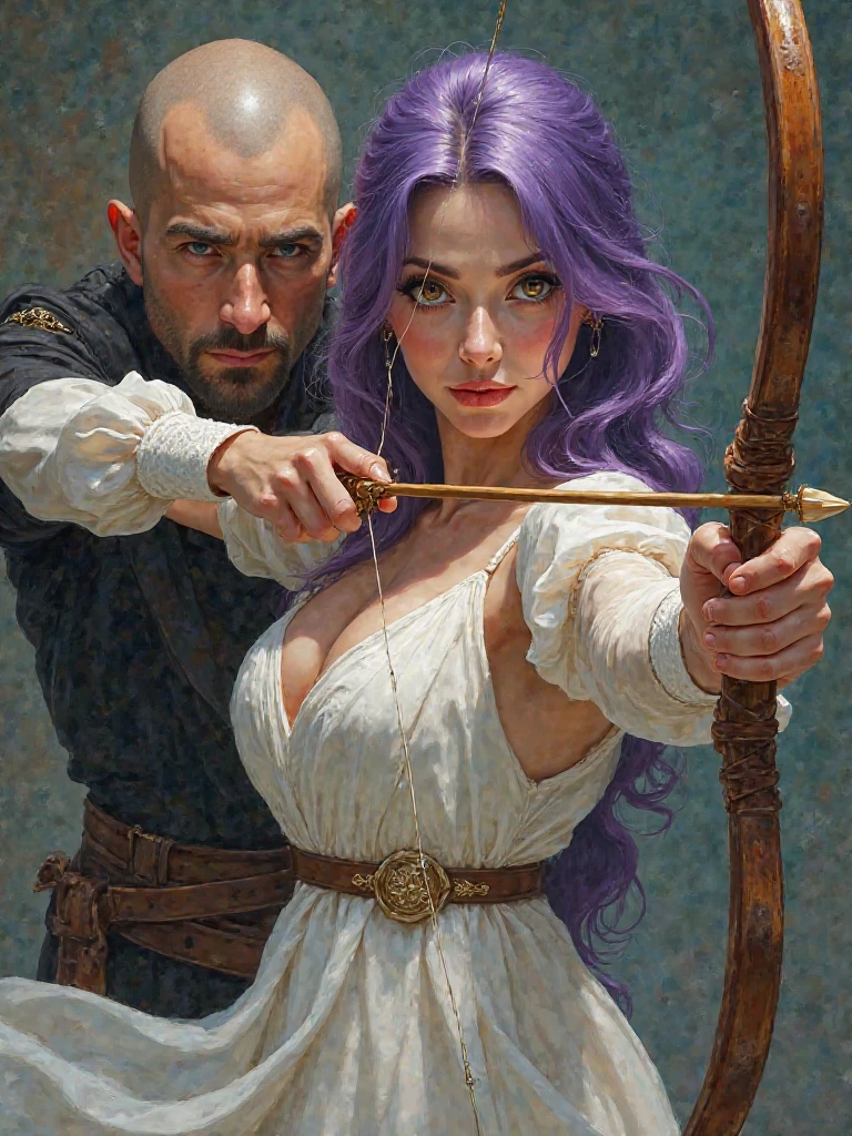 Belle femme au cheveux violet aux yeux marron habiller en robe blanche tenant devant elle un arc prêt â tirer et derrière elle son mari beau et chauve au yeux bleue  l'aidant à tirer 