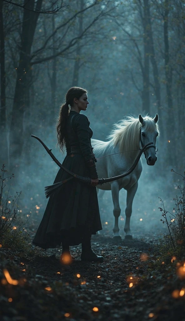 A female archer stands still in a blackened clearing, eyes closed as bright chains emerge from the ground, trying to hold her. She opens her eyes abruptly and breaks them with a flash of light from her fingertips. The camera rises as her silhouette shines. A white horse trots slowly behind her, her mane undulating like smoke.