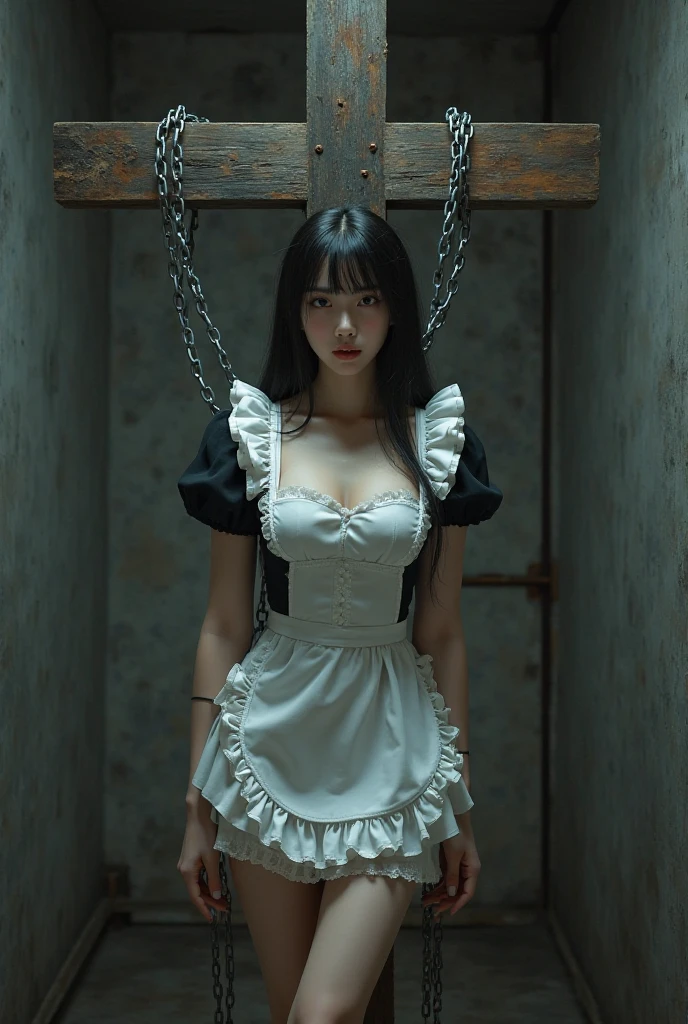 Arms behind your head, Long_Hair, Looking_at_peeping at the viewer, Large Thigh, the bow, shackle, BDSM,Crop topping, shackle, ropes, shackle, Gaggage, shibari, Bound_Arms, Ball_gag, shibari_polypubic hair_clothes