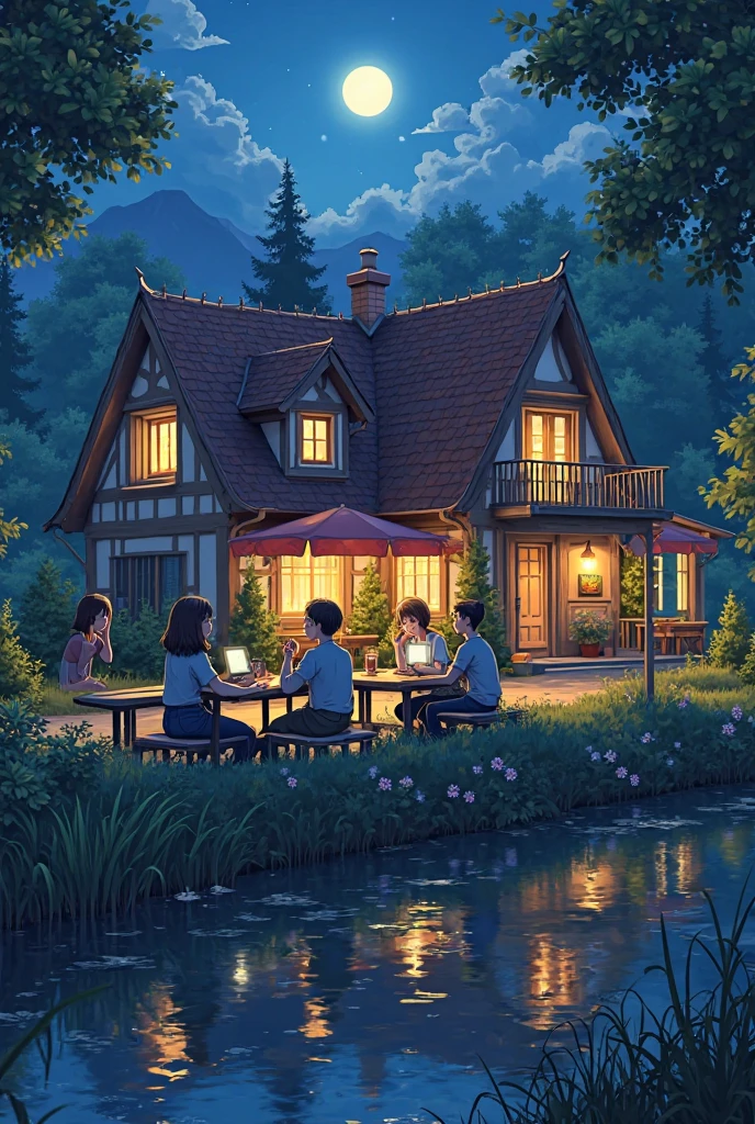 A group of four young people looking at their tables, comfortably waiting for your online classes,  nighttime  , charming country house, vibrant colors, lush vegetation, reflections in the water,  picturesque, idyllic, artwork, best quality, 8K, colors, anime style