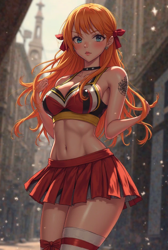 (masterpiece, best quality:1.2), solo, 1girl, kirigakure shura, smile, looking at viewer, ponytail, v-shaped eyebrows, jacket, bikini top, denim shorts, fishnet thighhighs <lora:blueexorcist_kirigakure-10:1>