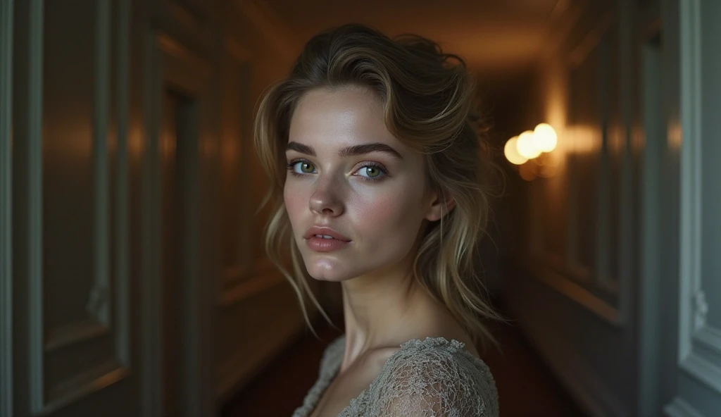 Realistic photo, beautiful Russian girl, hallway in the background