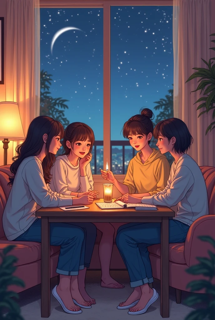 A group of four young people looking at their tables, comfortably waiting for your online classes,  nighttime  , charming condo house, vibrant colors,  best quality, 8K, colors, anime style
