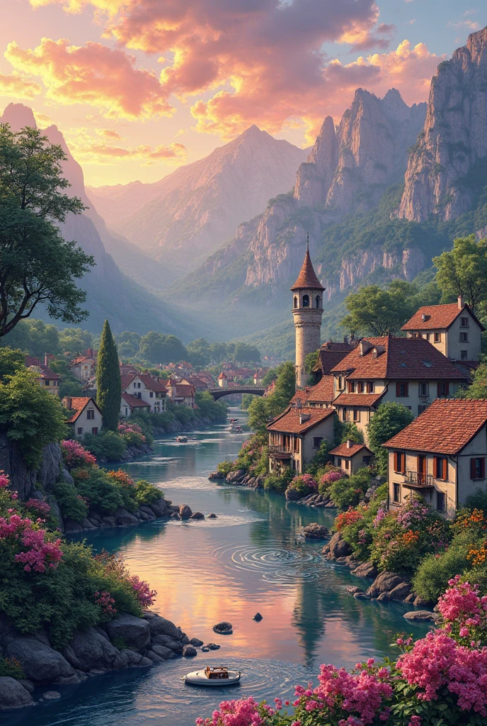 A small town by the river, mountains in the background, colorful floral flowers, detailed landscape, beautiful natural landscapes, atmospheric lighting, scorching sunset, warm colors, practical, photographic, detailed foliage, complex buildings, cobblestone street, charming country house, vibrant colors, lush vegetation, reflections in the water,  picturesque, idyllic, artwork, best quality, 8K, colors, anime style