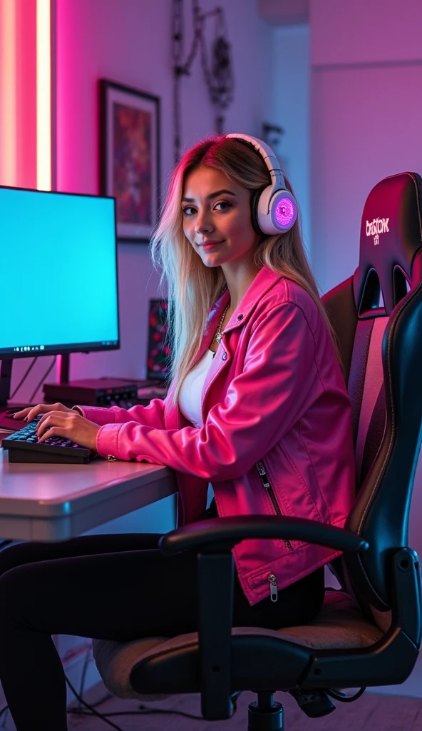 A teenage girl with pink and purple hair, she is wearing a black shirt, black skirt and stockings 7/8 of cat. She wears pink makeup and red lipstick. She is in a gamer room