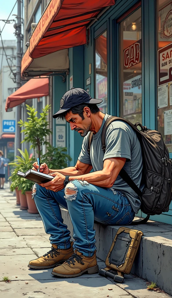 Homem, pele parda, short black hair, brown eyes, 1,75m, 72kg, 32 anos, shabby gray t-shirt, ripped jeans, faded black cap, Old backpack on the back
He is sitting on the sidewalk in front of the snack bar, Using open Wi-Fi, typing on a notebook. Image style: Gibi